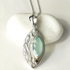 Aqua chalcedony pendant Necklace Art Nouveau Sterling Silver 🆕